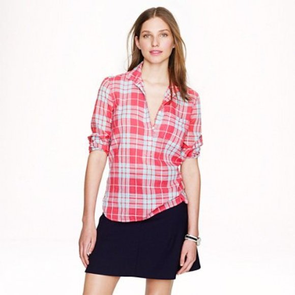 J. Crew Button Front Gauze Popover in Red Plaid